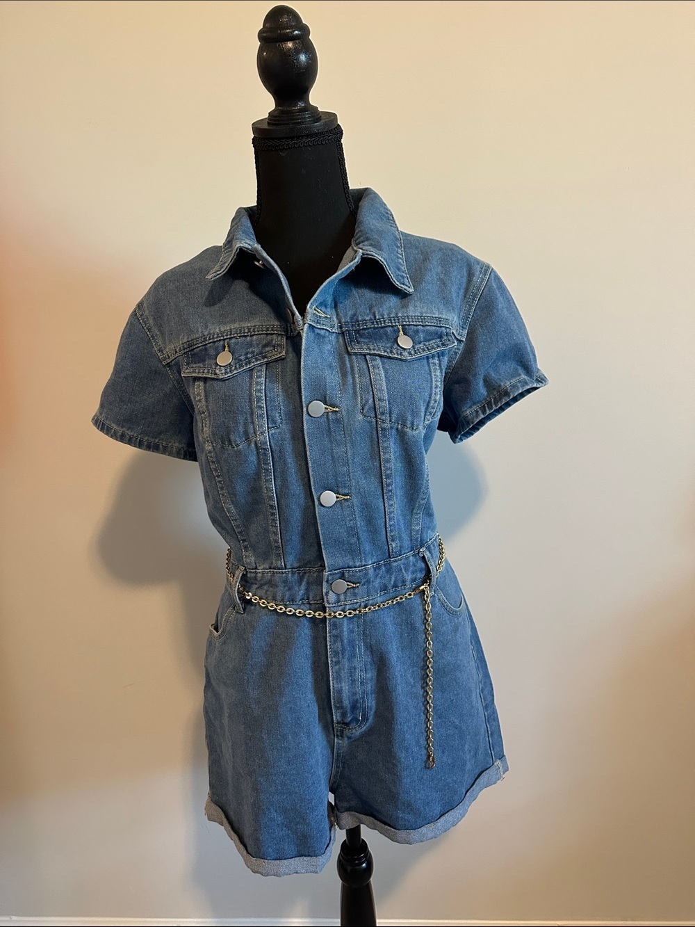 Denim Short-Sleeve Romper Jumpsuit - Blue - Picture 2 of 4